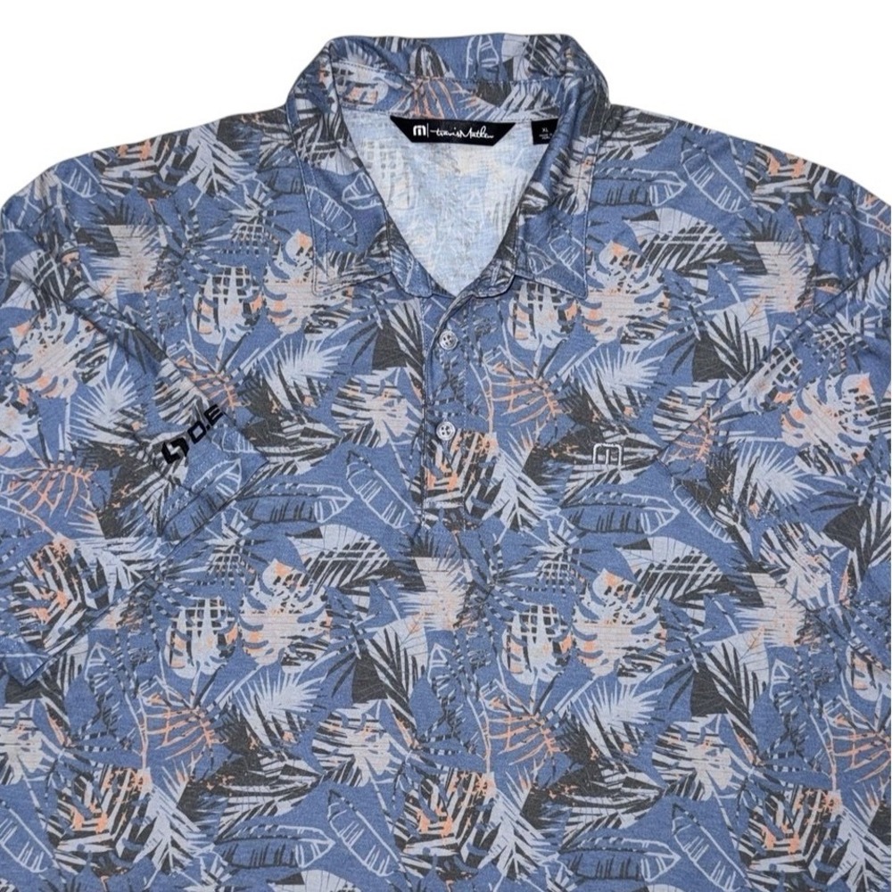 TravisMathew Tropical Palm Leaf Print Polo Shirt Mens XL Blue Golf Short Sleeve